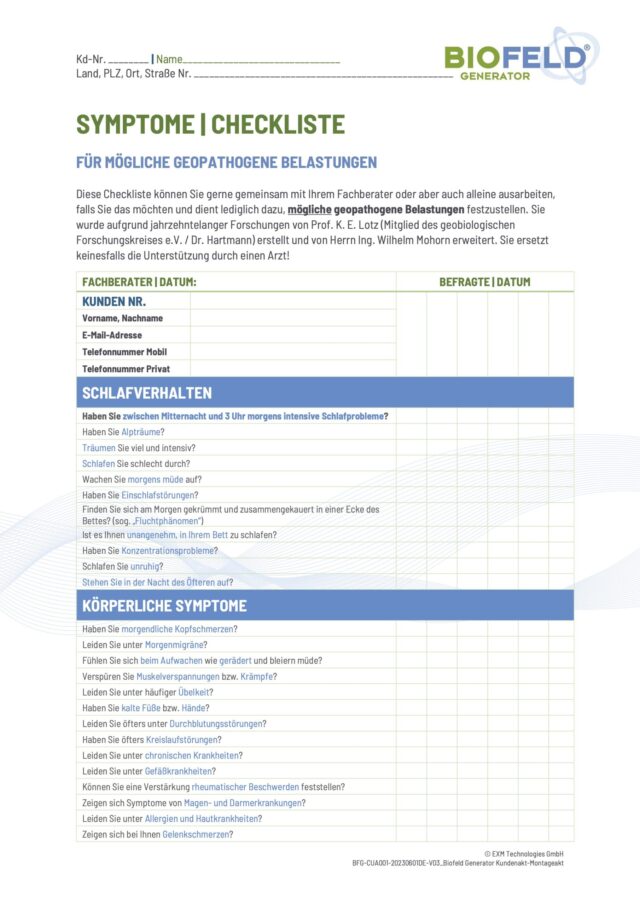 Symptom-Checkliste für mögliche geopathogene Belastungen